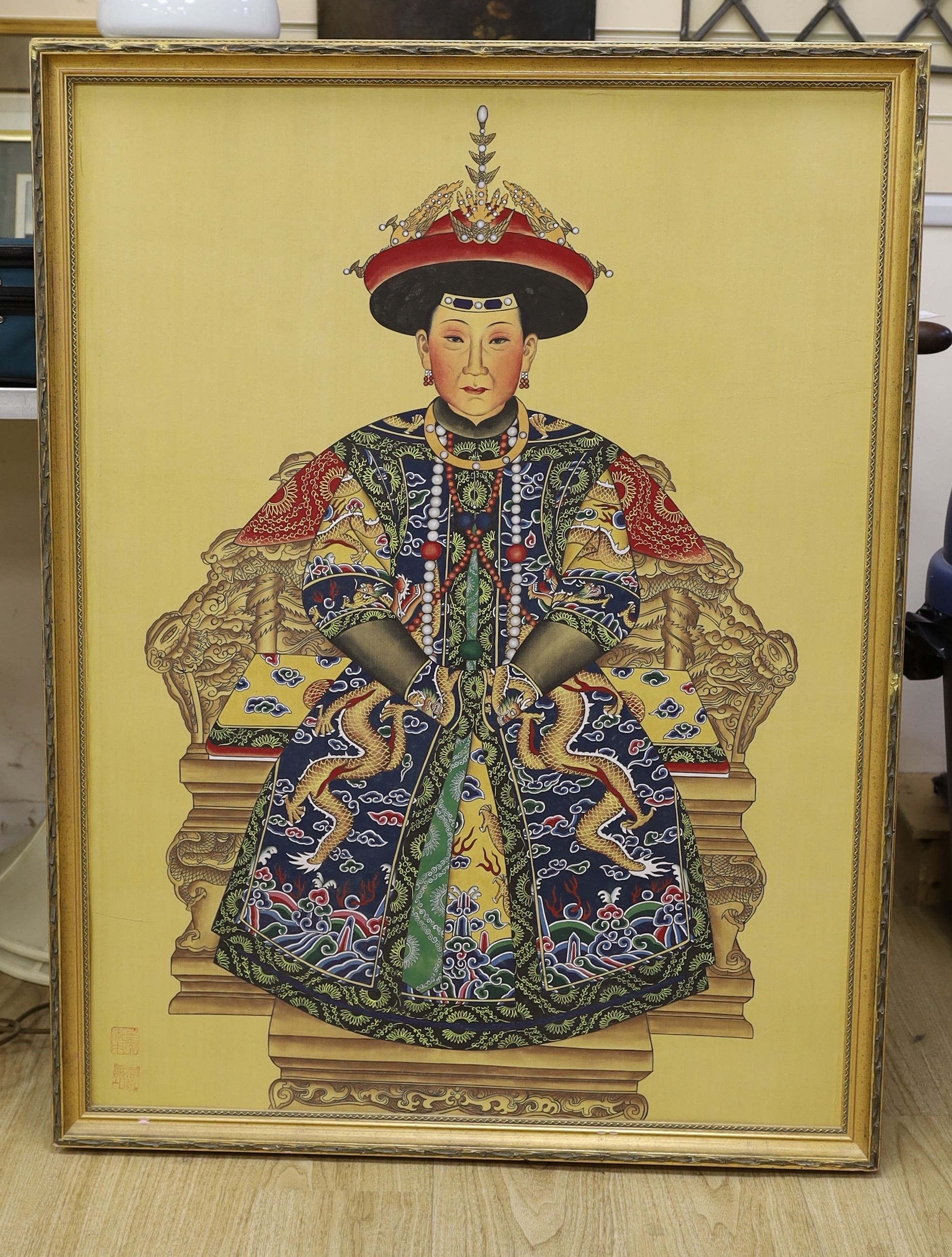 Chinese school, gouache on silk, ancestor portrait, 100x75cm